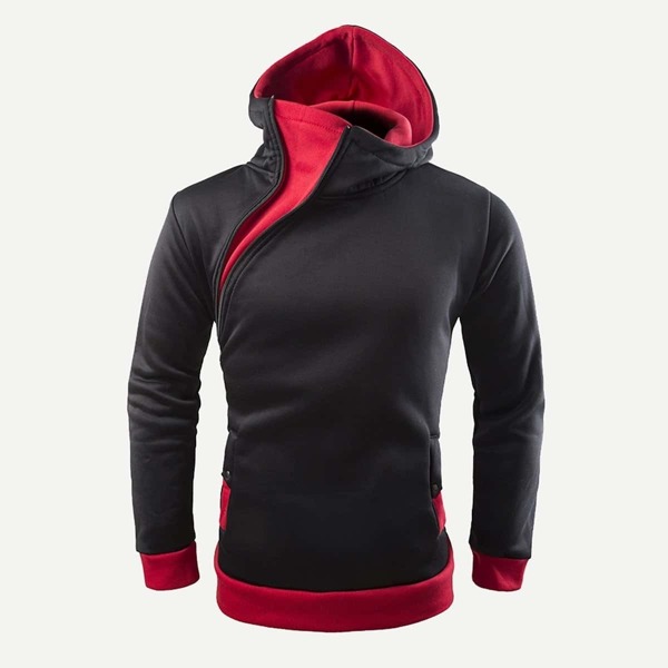 

Men Oblique Zipper Hooded Sweatshirt, Multicolor