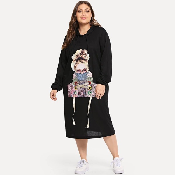 

Plus Ribbon Figure Graphic Hooded Dress, Black