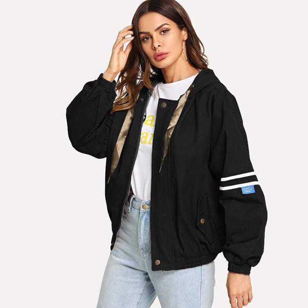 

Striped Panel Sleeve Drawstring Hooded Jacket, Black