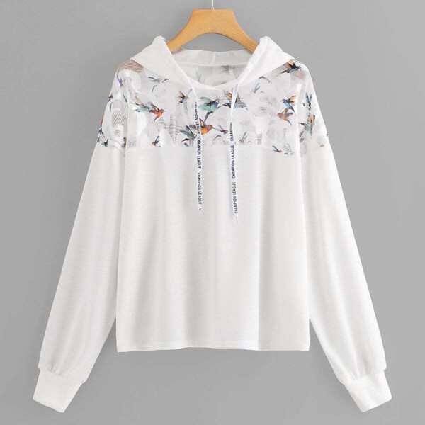 

Plus Contrast Mesh Bird Print Hooded Sweatshirt, White