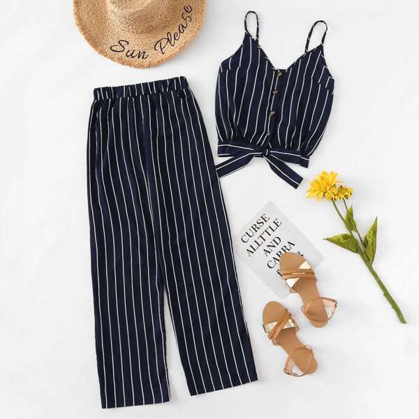 

Striped Single Breasted Knot Cami Top With Pants, Navy