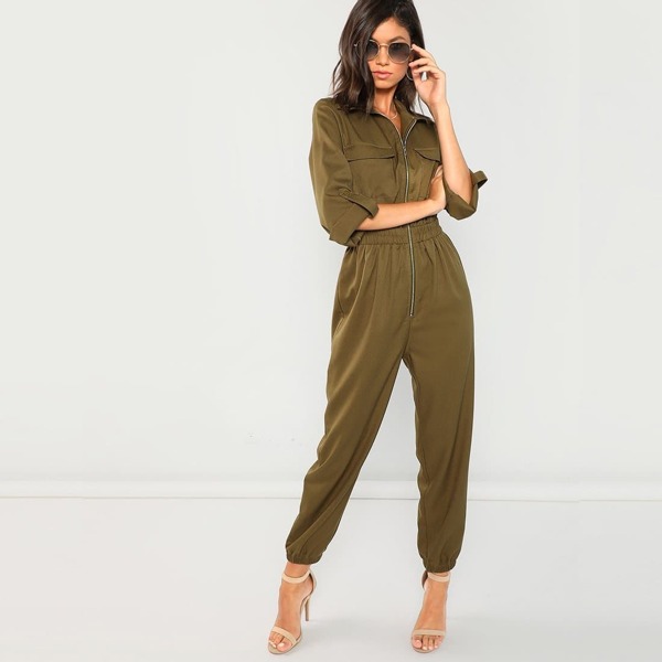 

Zip Up Pocket Front Elastic Waist Jumpsuit, Army green