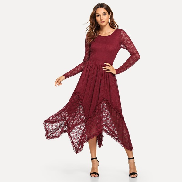 

Lace Detail Long Sleeve Dress, Burgundy
