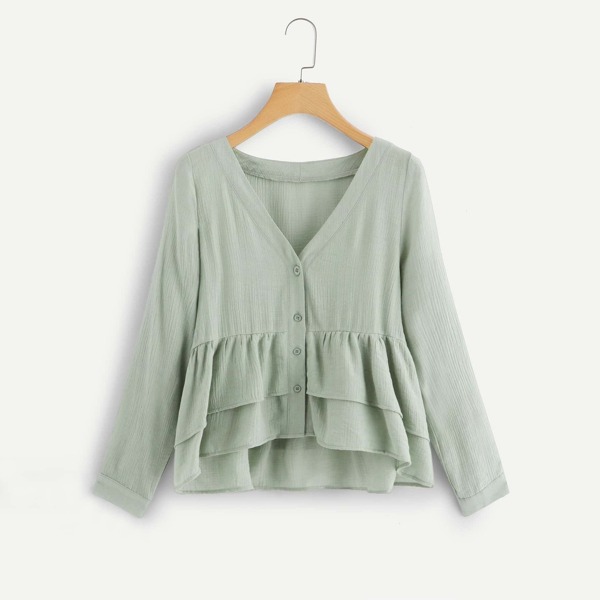 

Tiered Ruffle Button Front Blouse, Green