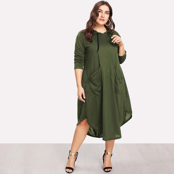 

Plus Dual Pocket Hooded Dress, Green