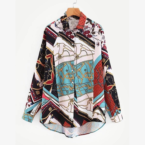 

Scarf Print Dip Hem Shirt, Multicolor