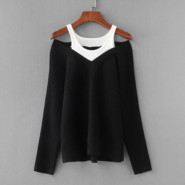 

Contrast 2 In 1 Knit Sweater, Black
