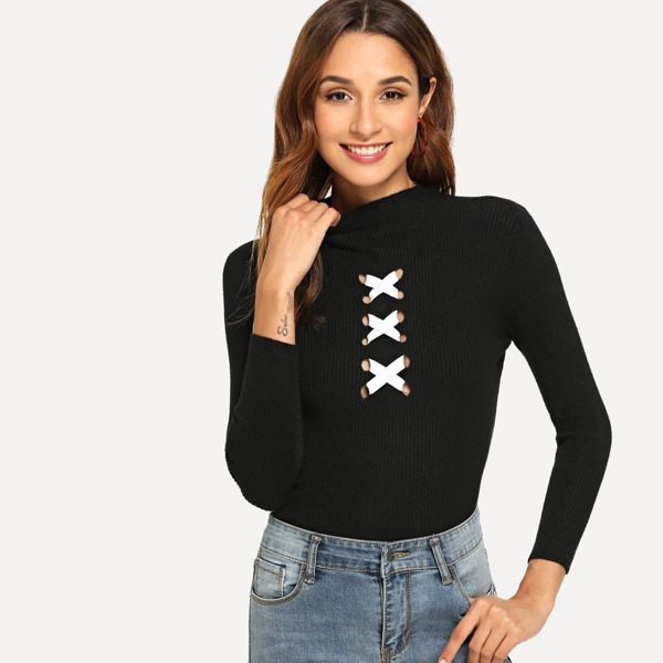 

Lace Up High Neck Sweater, Black