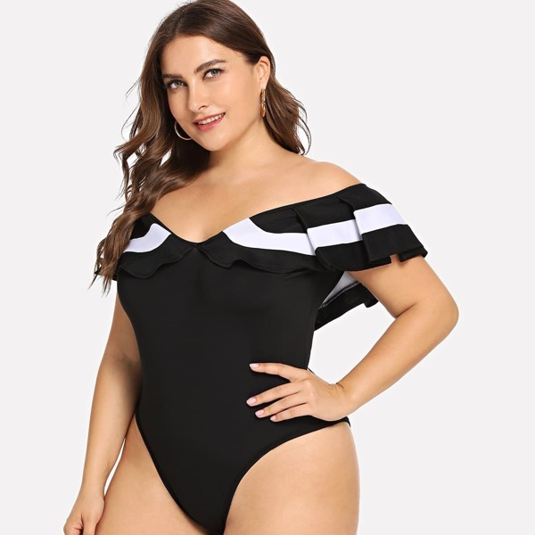 Plus Ruffle Trim Bodysuit, Black