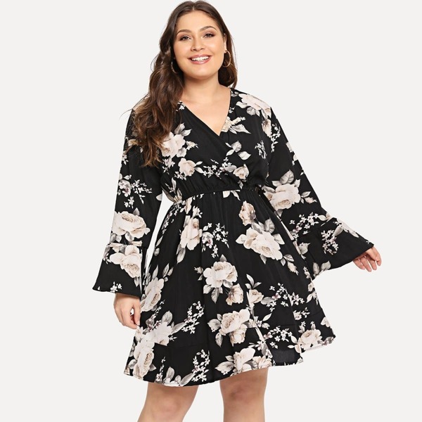 

Plus Surplice Allover Floral Print Dress