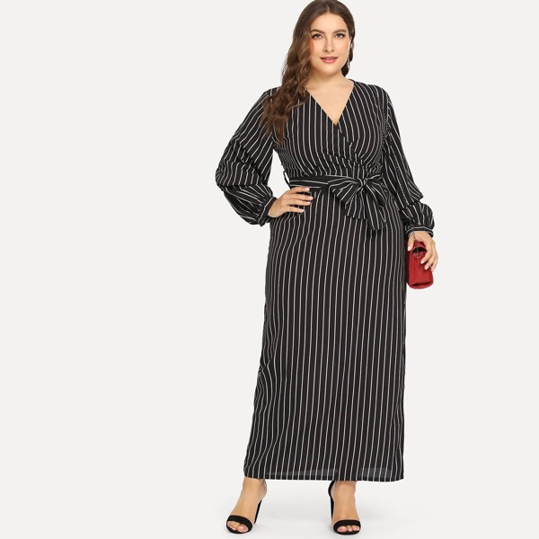

Plus Surplice Belted Striped Dress