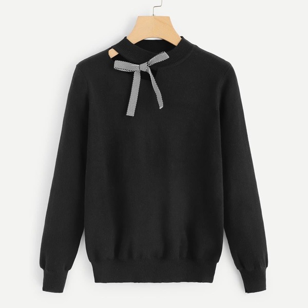 

Tie Neck Solid Sweater, Black