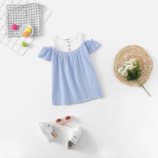 

Girls Cold Shoulder Two Tone Ruffle Trim Button Top, Blue