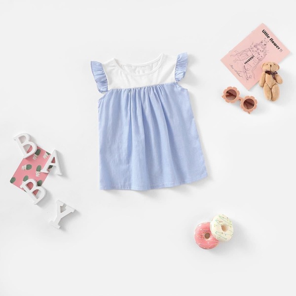Girls Two Tone Ruffle Trim Smock Top, Blue
