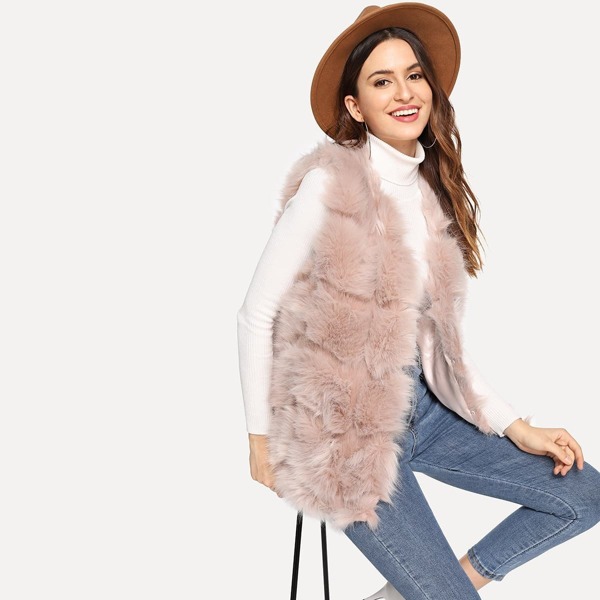 

Open Front Textured Faux Fur Vest, Pink
