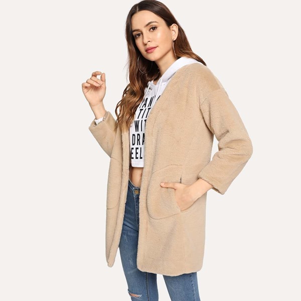 

Slant Pocket Soft Faux Fur Teddy Coat, Khaki