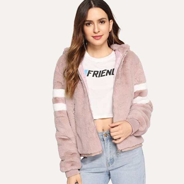 

Striped O-ring Zip Detail Hooded Teddy Jacket