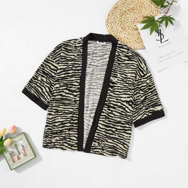 

Girl Contrast Binding Open Front Coat