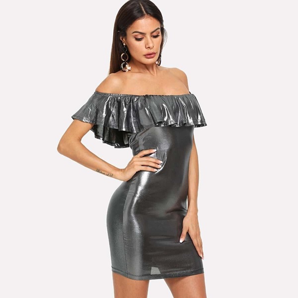

Flounce Off Shoulder Metallic Dress