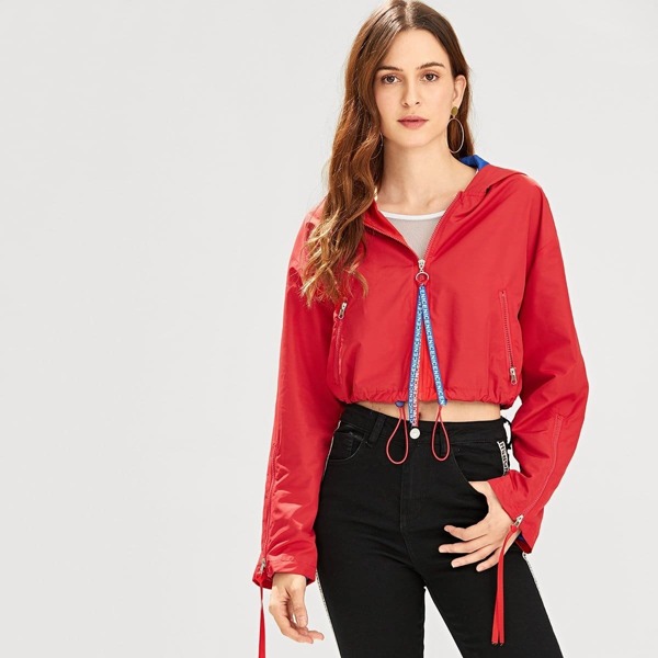 

Zip Up Hoodie Drawstring Hem Jacket, Red