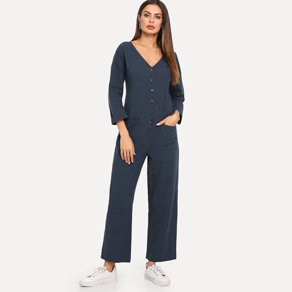 

Button Front V Neck Jumpsuit