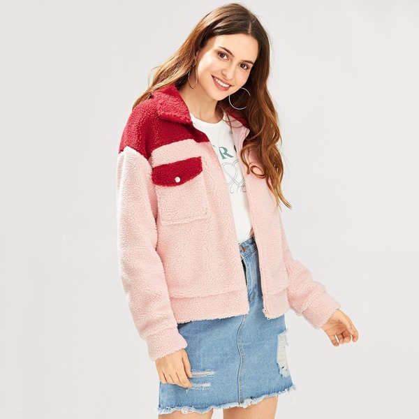 

O-Ring Zip Up Pocket Patched Teddy Outerwear, Pink