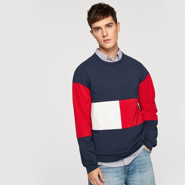 

Men Crew Neck Color Block Elastic Hem Sweatshirt, Multicolor