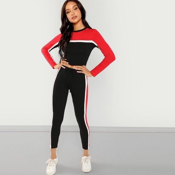 

Color Block Striped Top & Drawstring Pants Set