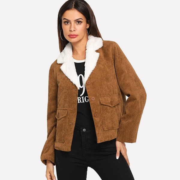 

Button & Pocket Front Faux Fur Contrast Corduroy Coat