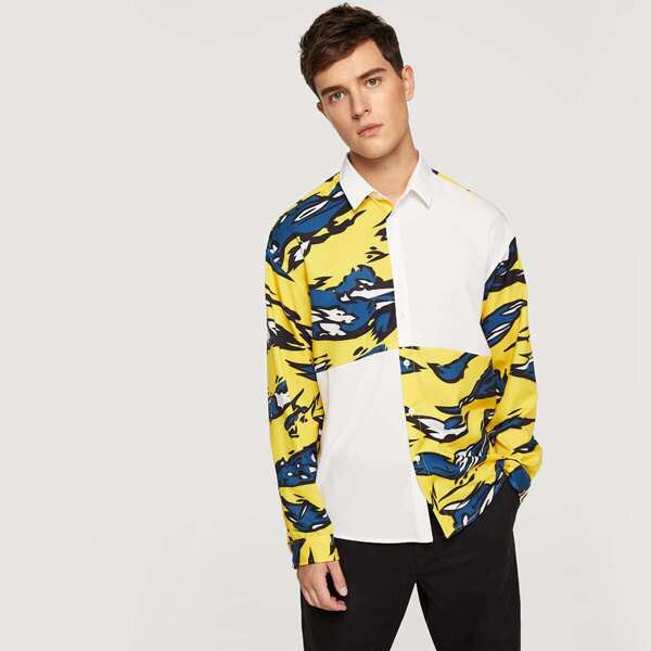 

Men Button Front Collar Neck Color Block Shirt