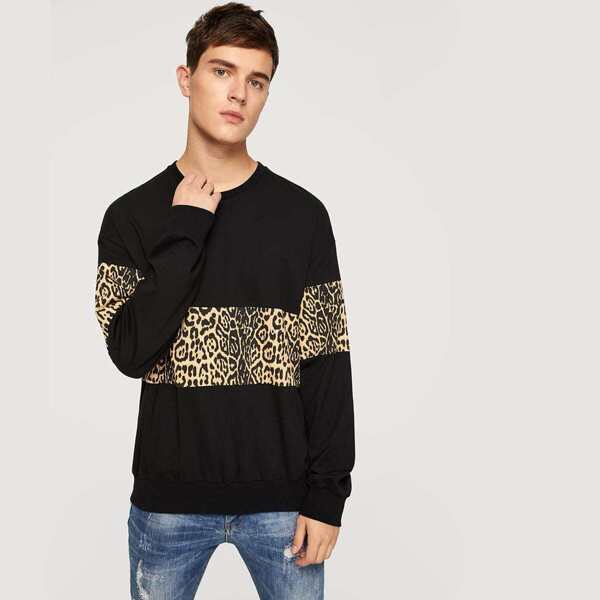 

Men Crew Neck Leopard Print Pullover, Multicolor