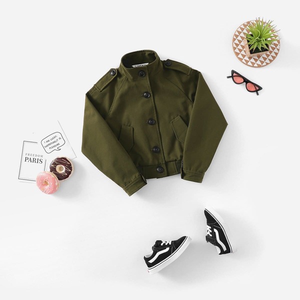 

Girls Button Up Raglan Sleeve Jacket, Army green