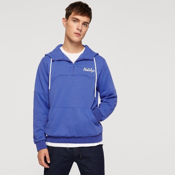

Men Zip Front Drawstring Hoodie Sweatshirt, Blue