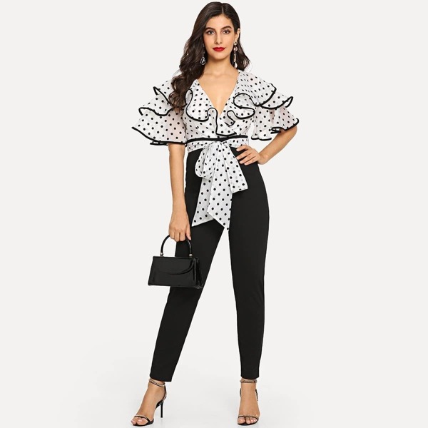 

Surplice Neck Contrast Binding Colorblock Ruffle Jumpsuit, Black and white