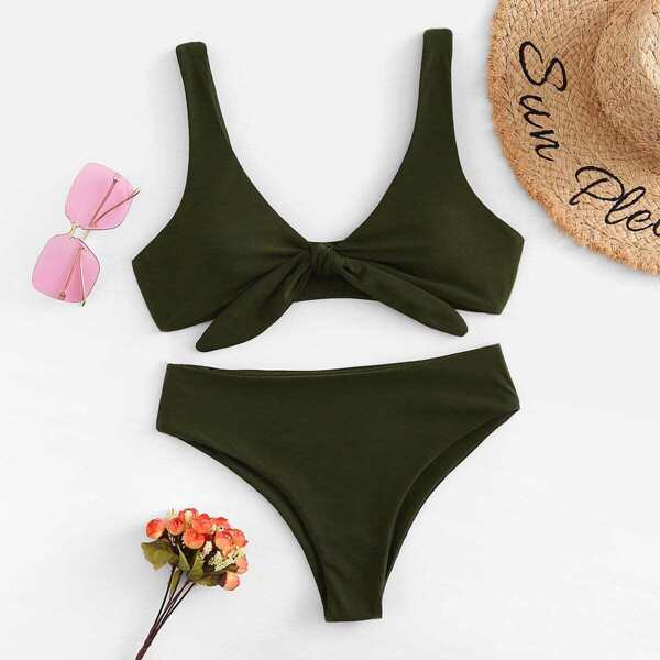 

Knot Front Top With Panty Bikini Set