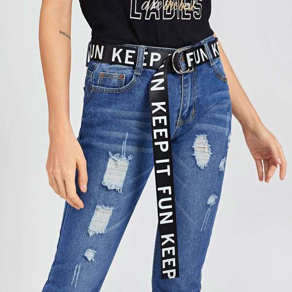 

D-Ring Buckle Letter Print Belt, Black and white