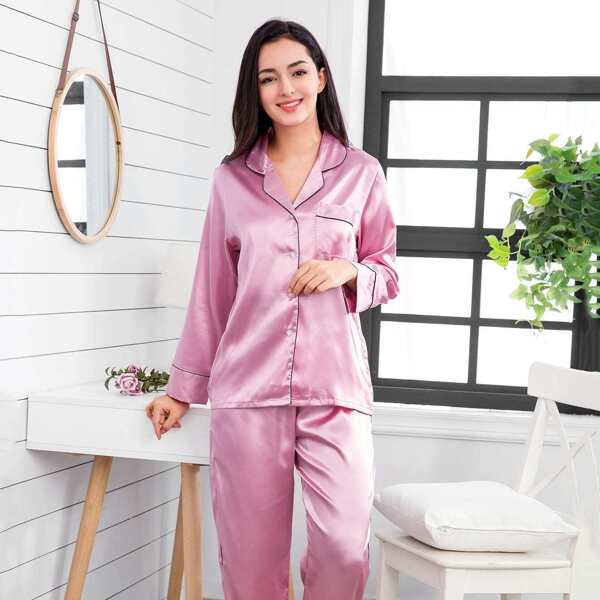 

Contrast Binding Button Up Pajama Set, Pink