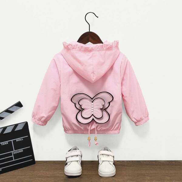

Toddler Girls Butterfly Patched Frill Hooded Jacket, Pink