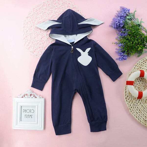 

Toddler Boys Cartoon Print Hooded Jumpsuit, Navy