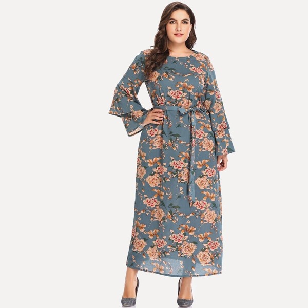

Plus Floral Print Self Tie Waist Dress, Multicolor