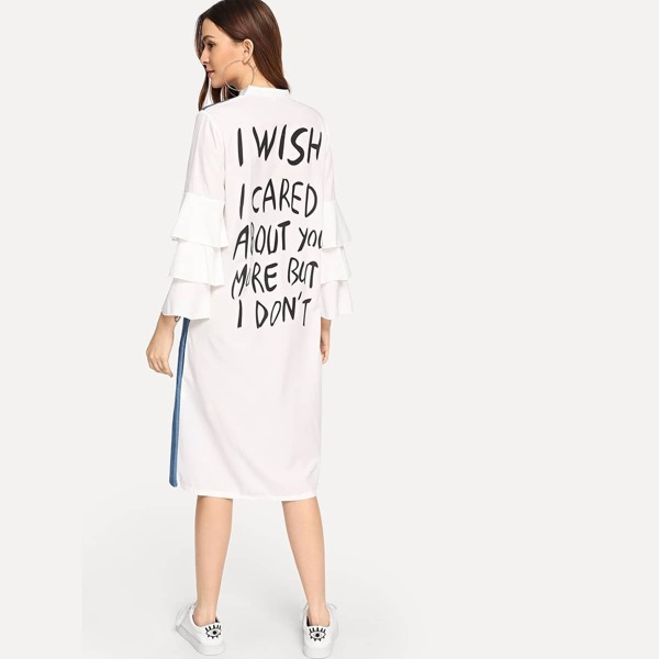 

Tiered Sleeve Spliced Chambray Slogan Dress