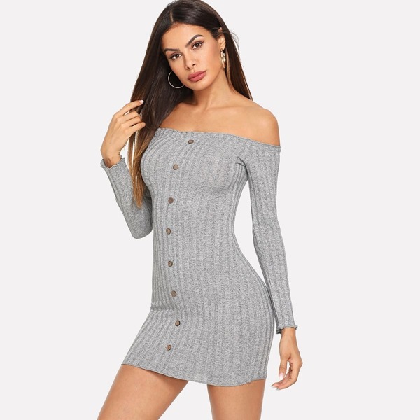 

Off Shoulder Single Breasted Sweater Dress