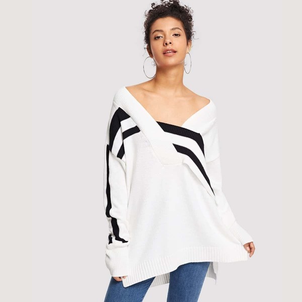 

Striped Panel V Neck Sweater, White