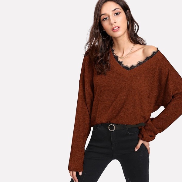 

Contrast Eyelash Lace Knit Jumper, Red