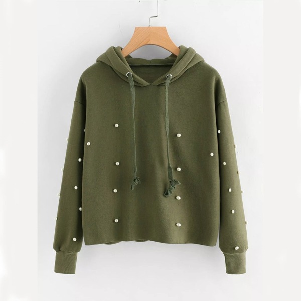 

Plus Pearl Beaded Drawstring Hoodie Sweatshirt