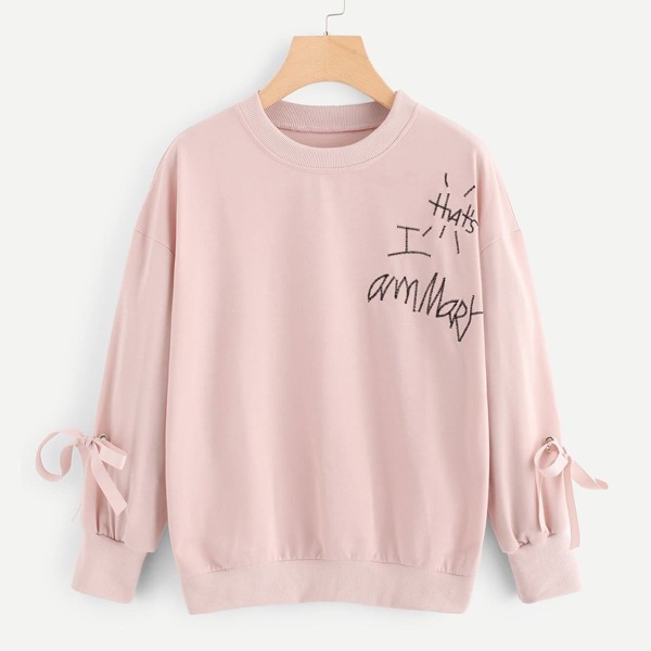 

Letter Embroidered Knot Sleeve Sweatshirt, Pink