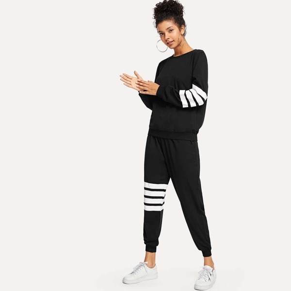 

Striped Sleeve Top With Pants, Black