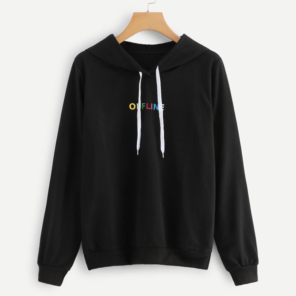 

Letter Print Hooded Sweatshirt, Black