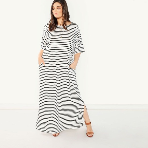 

Plus Pocket Side Slit Hem Striped Dress, Black and white