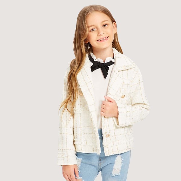 

Girls Button Front Plaid Tweed Jacket